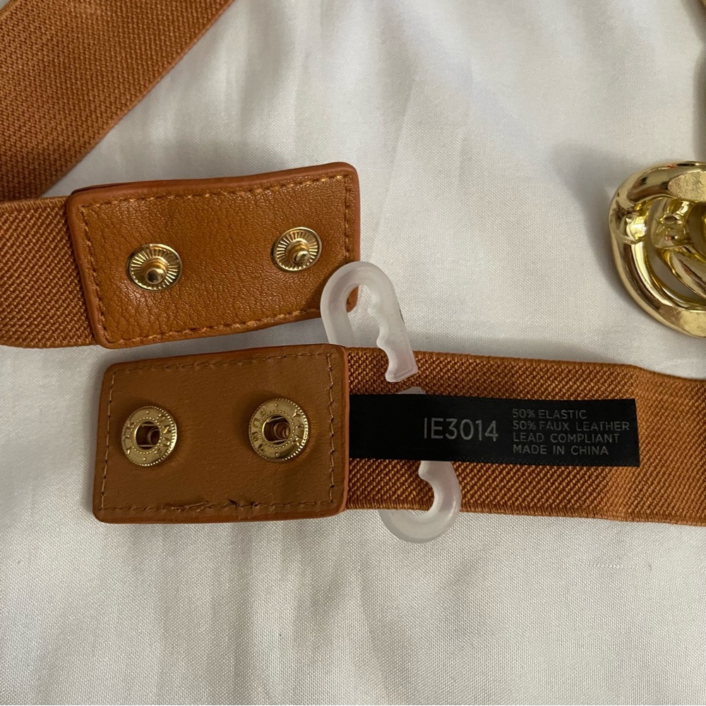 Brown faux leather gold tone chained elastic waistband skinny belt - Picture 5 of 8